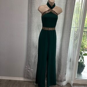 Elegant Green Halter Jumpsuit with Gold Accents